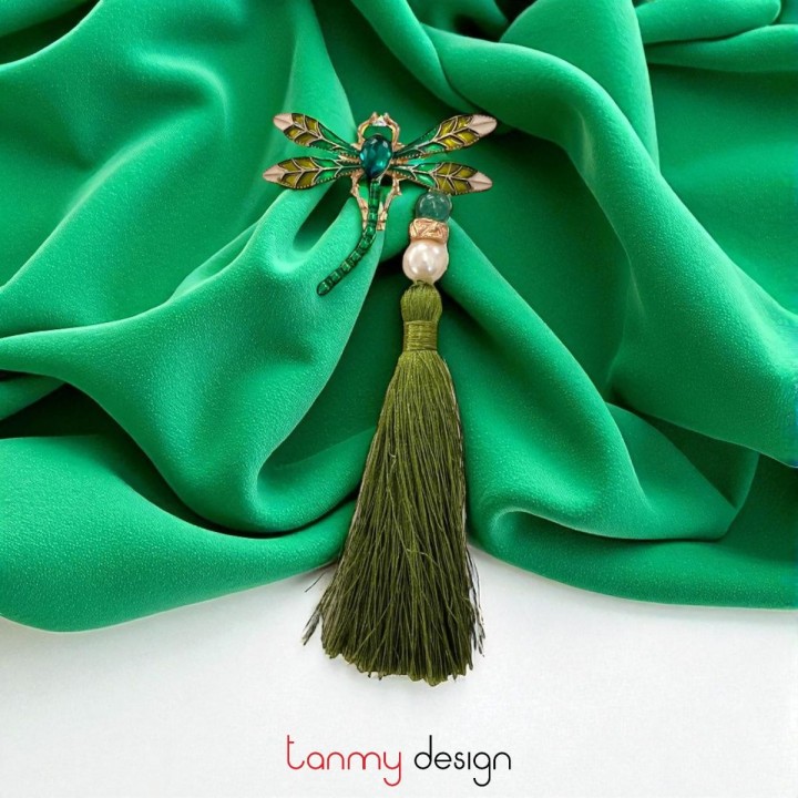 Cài áo hình chuồn chuồn xanh lá, tua rua xanh lá